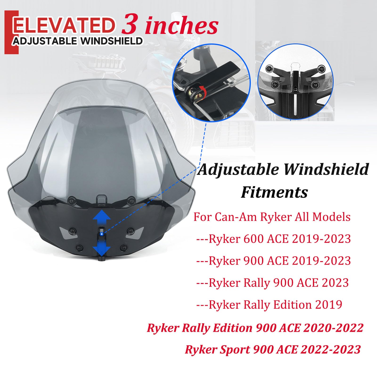 A & UTV PRO Sport Windshield For Can Am Ryker 600, 900, Sport & Rally Edition All Models, 3 Inch Stroke Adjustable For Ryker Windshield Accessories, Replace OEM #219401023 #219400771 - View #4