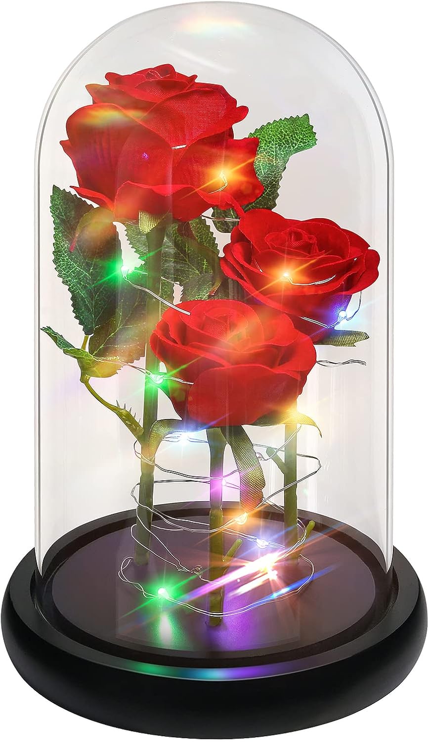 Childom Valentines Day Gift for Her,Birthday Gifts for Women, Valentines Red Artificial Flower Rose Gift, Light Up Silk Rose Flowers in Glass Dome,Rose Flower Gifts for Wife,Mom,Girlfriend,Anniversary
