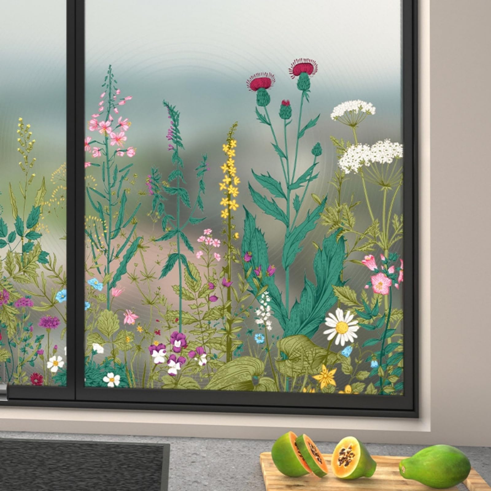 Folia okienna 60 x 100 zielonych roślin, folia do przyciemniania, szyby, wielokrotnego użytku, bez kleju, ochrona prywatności, łazienka, biuro, kuchnia, folia szklana