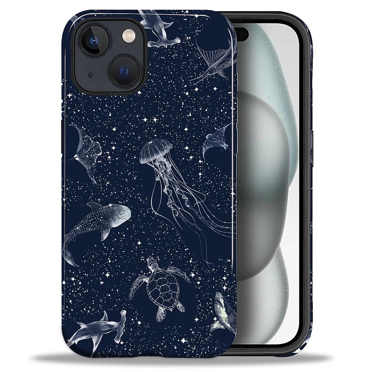 FKBRCL4U for iPhone 15 Plus Case, Hybrid 2-Layer Silicone Protective Glossy Case for Girl Women for iPhone 15 Plus Floating Whales Sea Turtles Pattern
