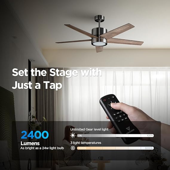 52 inch Ceiling Fan with Light for Bedroom - Reversible Function - 3 Color Temperature & Dimmable Brightness - Quiet Operation - Suitable for Living Room & Patios - 5 Blades Walnut [Energy Class F]