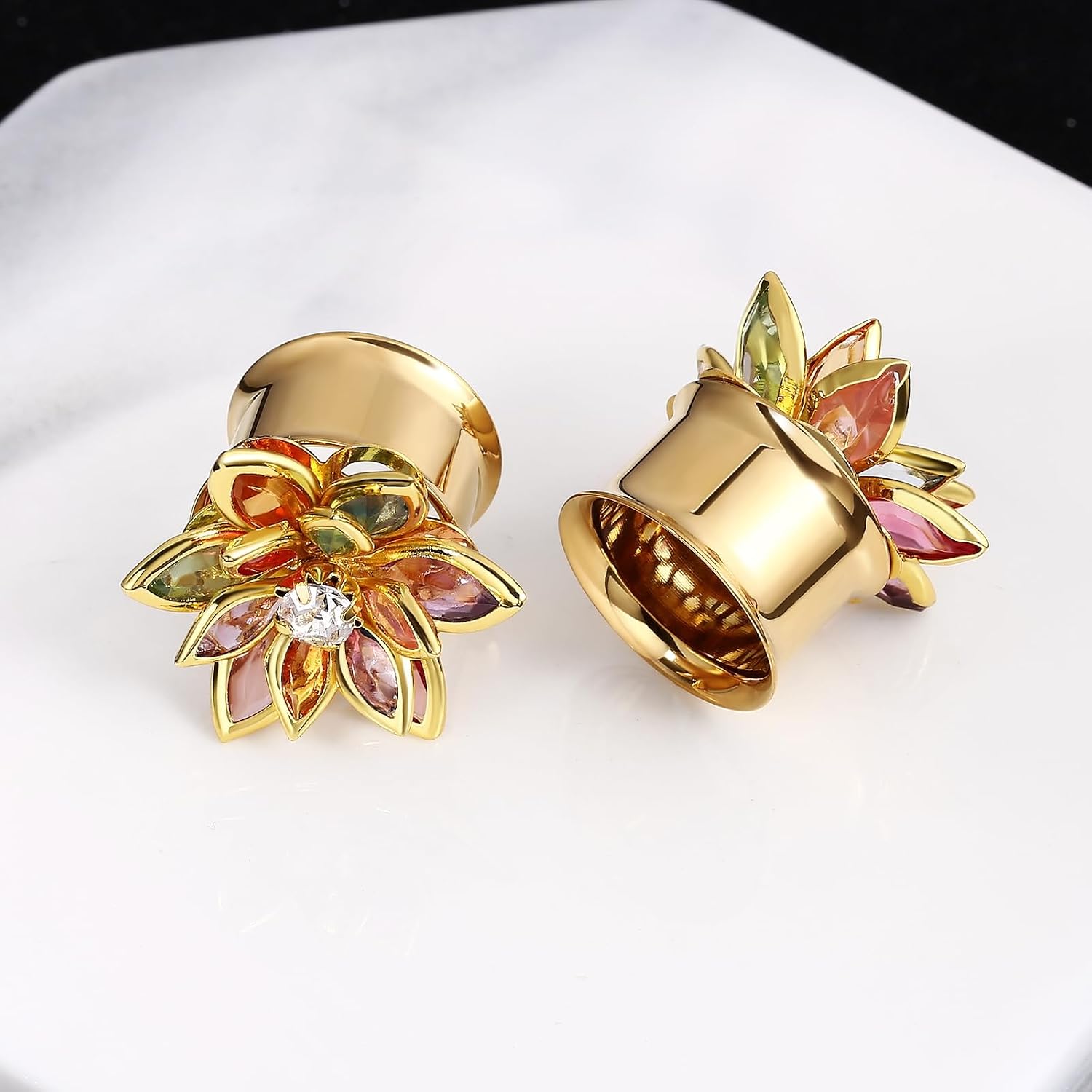 Tunnels Gauges, 2PCS Stainless Steel Tunnel Set Flower with Cubic Zirconia Single Flared Ear Gauges Tunnels Plugs 2G - 9/16 inch Ear Piercing Jewelry