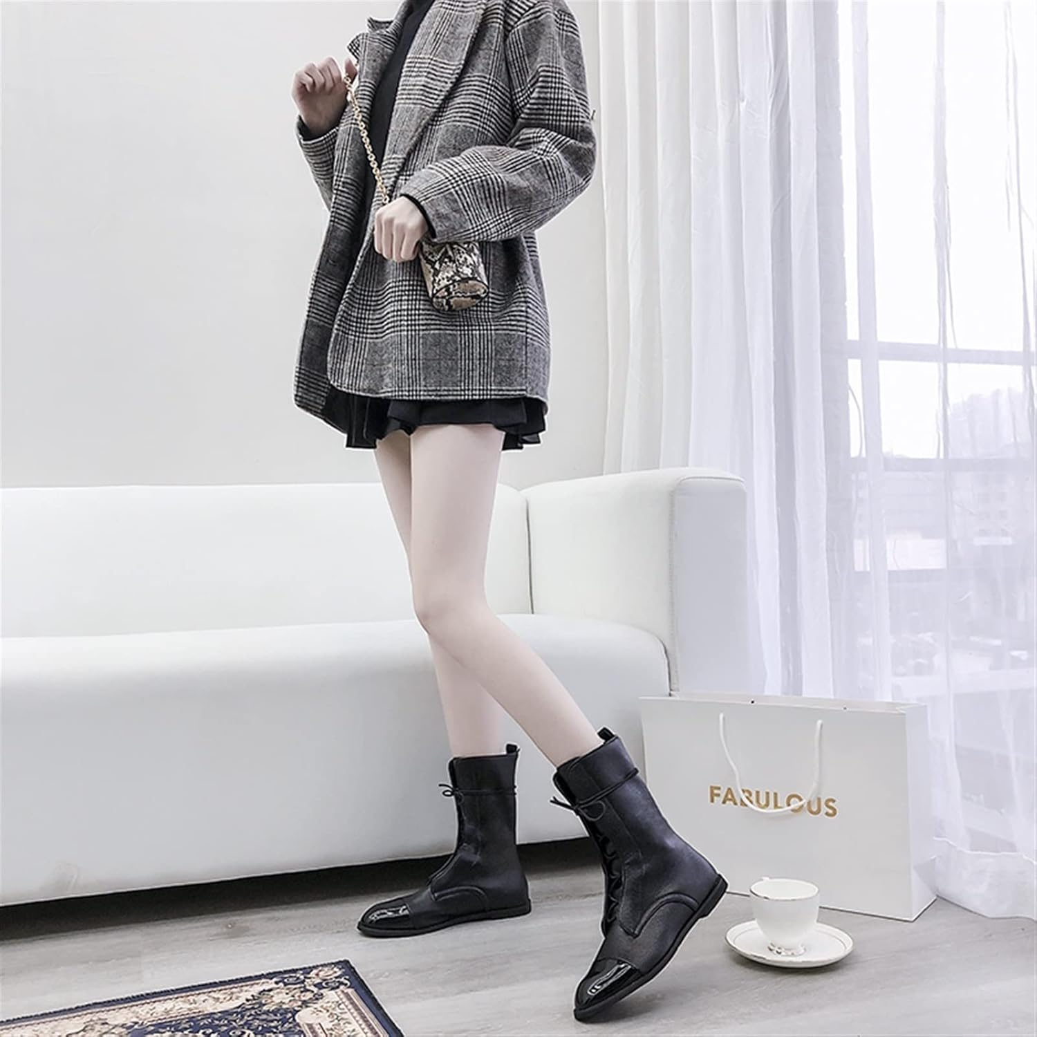 jianchi Leather Platform Boot Autumn Winter Women's Round-Headed Lace-up Flat-Bottomed Short Boots Fashion Boots Women Boots (Color : Black, Size : 9)