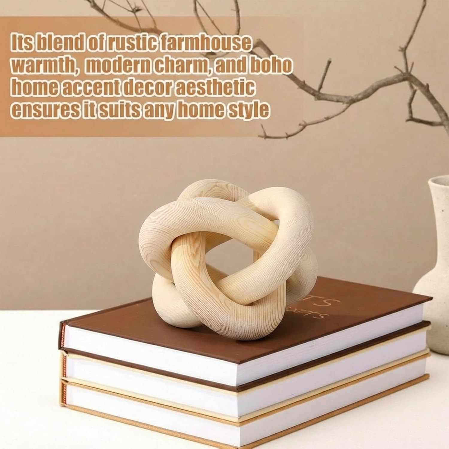 3 Link Wood Knot Decor Rustic Home Décor Accents Hand Carved Coffee Table Decoration, Boho Chain Link Decoration, Modern Shelf, Rustic Objects for Home Living Room Bedroom(Natural) - Image 4