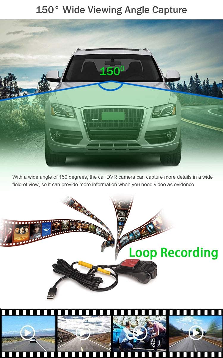 ERISIN HD 1080P 150° Grandangolo Mini Dashcam Auto Dashcam USB Impermeabile Registratore DVR Auto DVR Visione notturna Telecamera frontale per Android Autoradio CD Player
