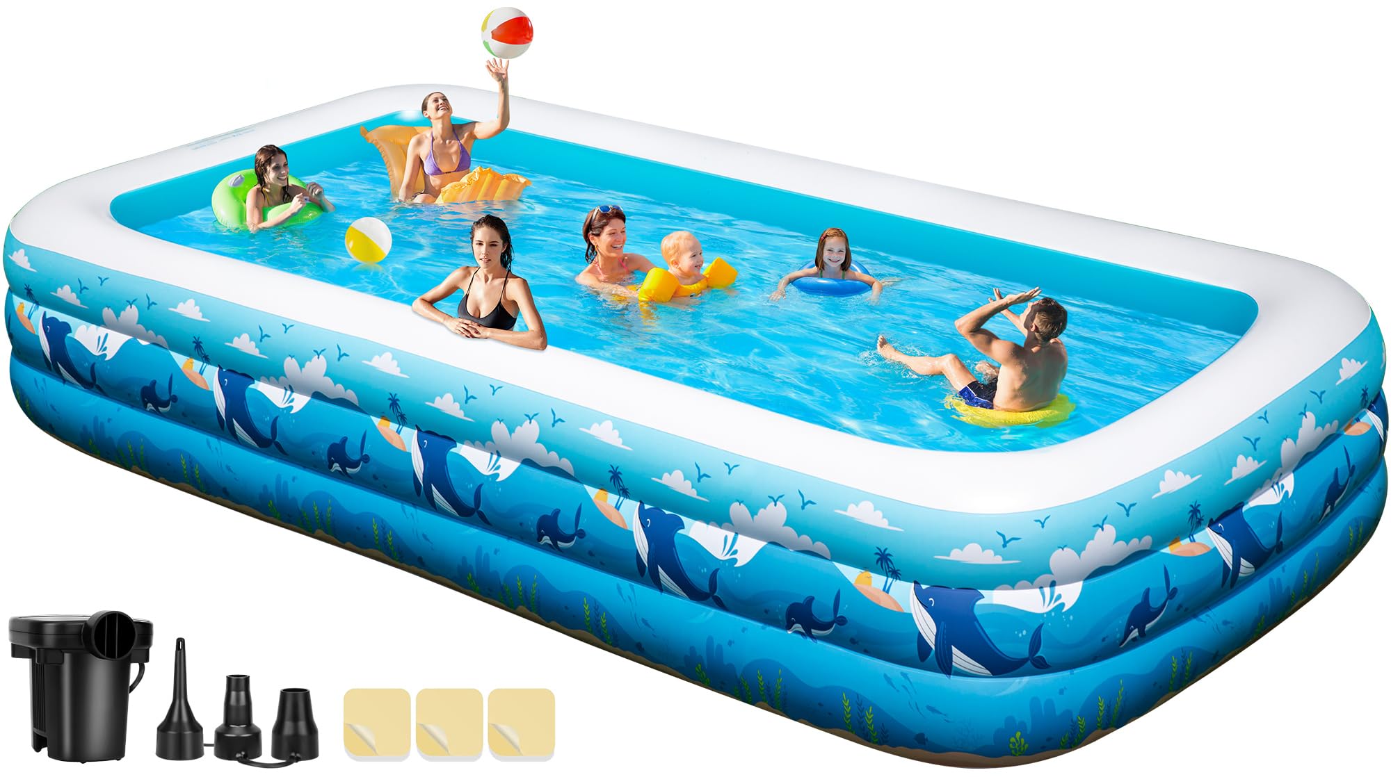 Extra Large Inflatable Pool with Pump, 158"x74"x22" Big Thickened Blow Up Pool for Adults, Fast Inflation & Drainage, Portable Family Swimming Pools with Pump for Backyard Garden Lawn Water Party