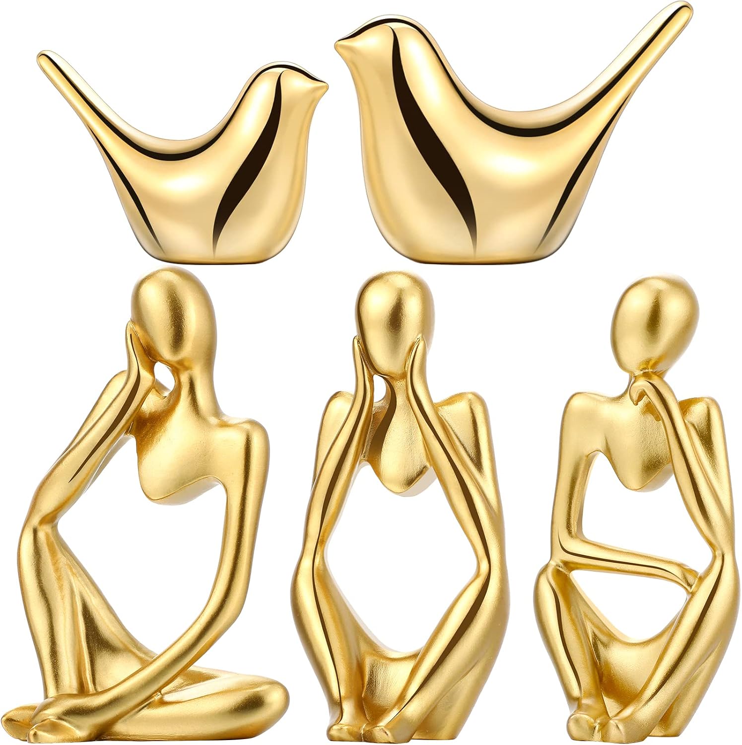 5 Pcs Gold/Black/White Decor Accents Set Resin Thinker Statue Decor Small Bird Figurines Abstract Decorative Modern Collectible Sculpture for Home Office Bookshelf Living Room Desktop Decor(Gold)