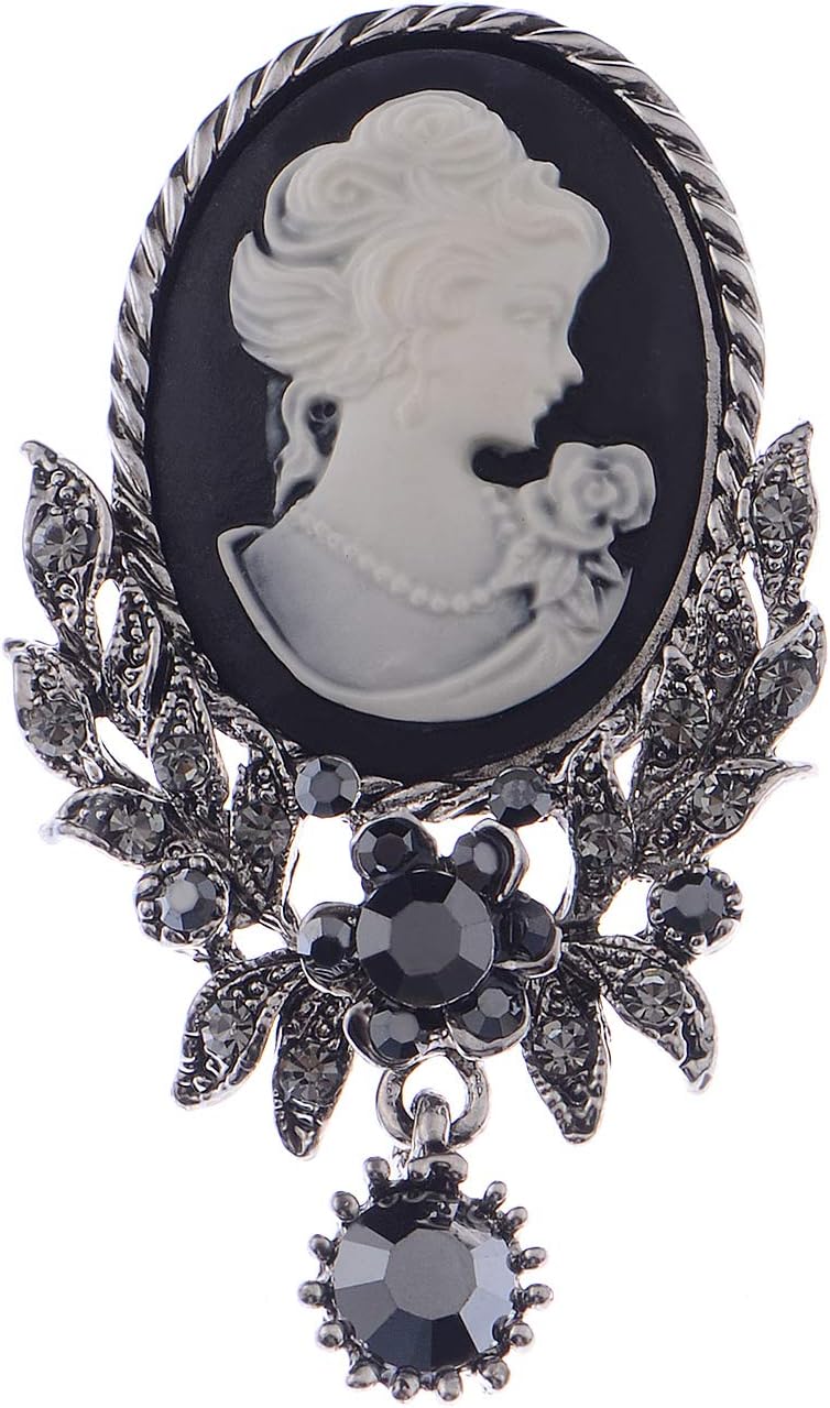 Vintage Inspired Crystal Rhinestone Victorian Lady Cameo Brooch Pin Maiden Flower Pendant