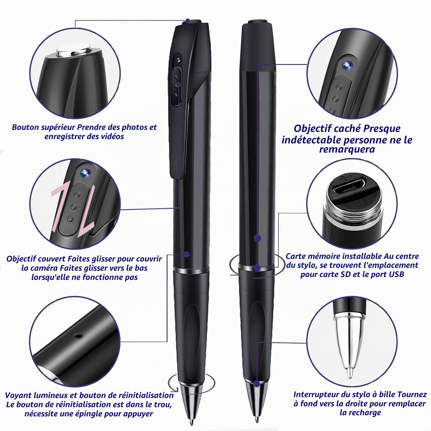 SHMIZZ Mini Caméra Espion Cachée Camouflée Stylo HD 1080P Mini Stylo Plume Caméra Cachée avec microSD 32 Go Portable Appareil Photo Pen Enregistreur de Photo et Vidéo