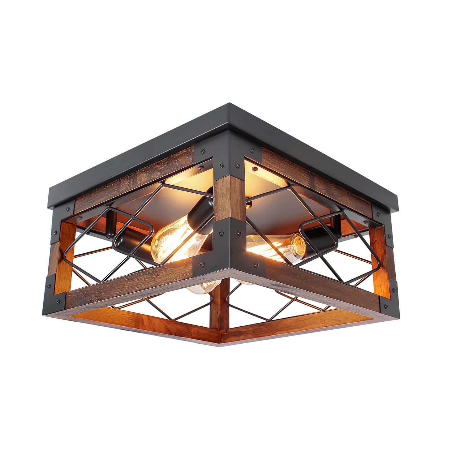 Farmhouse Flush Mount Ceiling Light Fixture, 4-Light Close to Ceiling Light with Metal and Wood Rustic Light Fixture for Dining Room Living Room