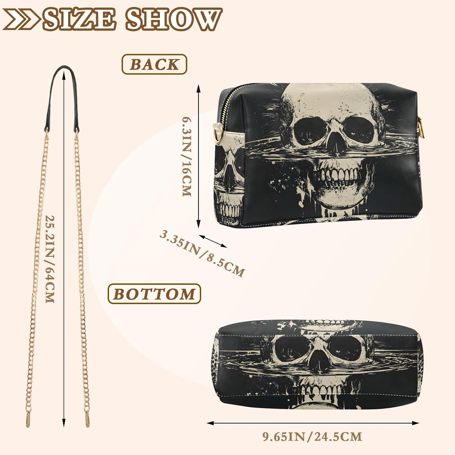 Women Crossbody Bag Shoulder Handbag Cellphone Purse PU Leather Metal Chain Strap Water Resistant Zipper Closure Skull in Water Print