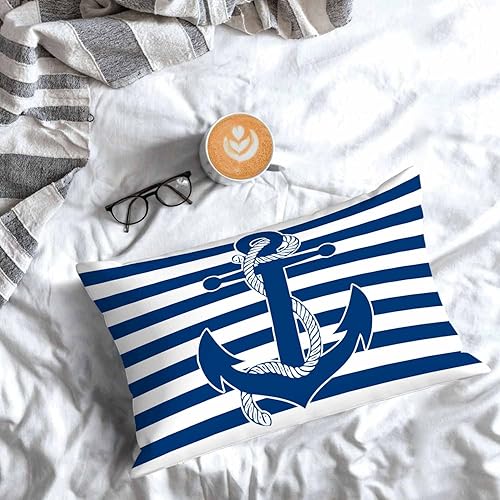 Miniatura 7 de Mugod Funda de cojín con ancla náutica sobre rayas azules y blancas, funda de almohada decorativa para sofá, cama, silla, 20 x 30 pulgadas