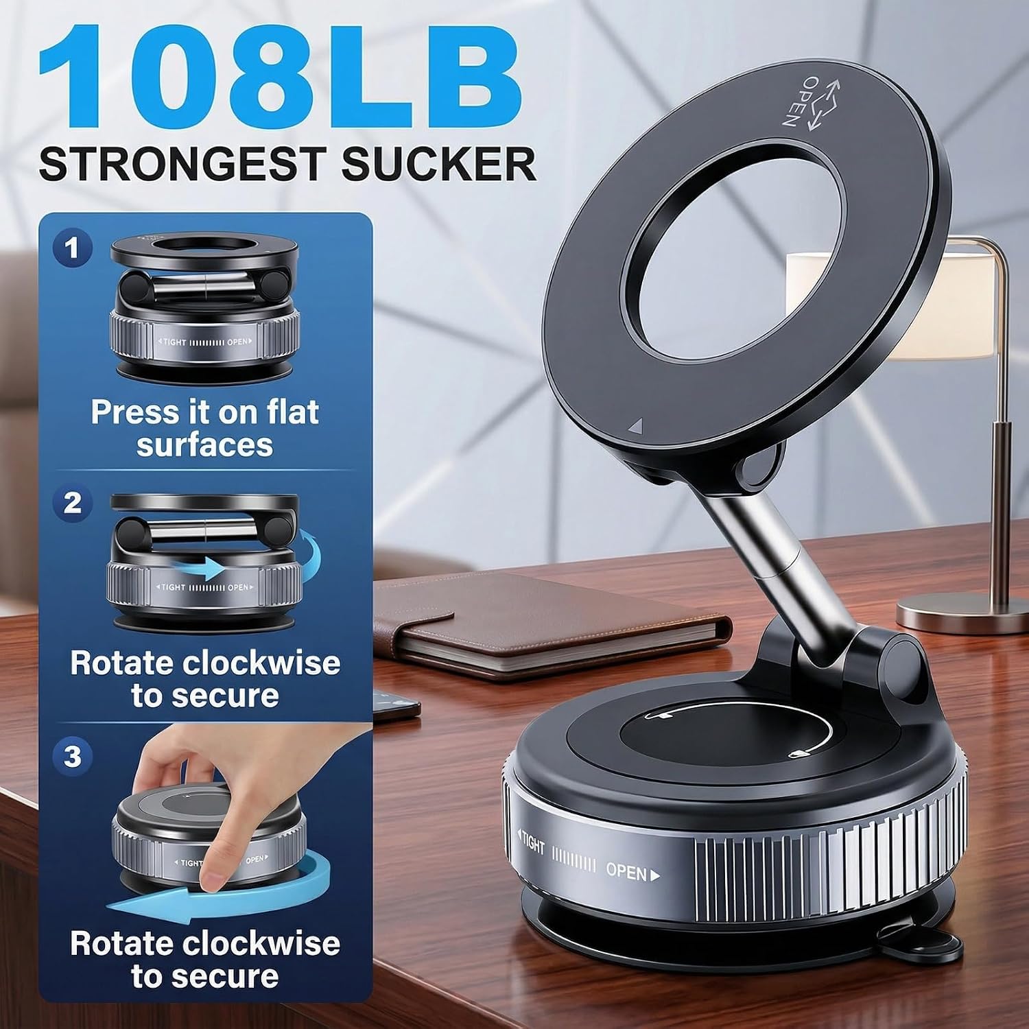 Vacuum Magnetic Phone Car Mount - Universal Dashboard & Home Cell Phone Holder with Air Pressure Suction Base + Metal Rings & Sticky Base for Non-Magnetic Phones (iPhone & Android) (Black)