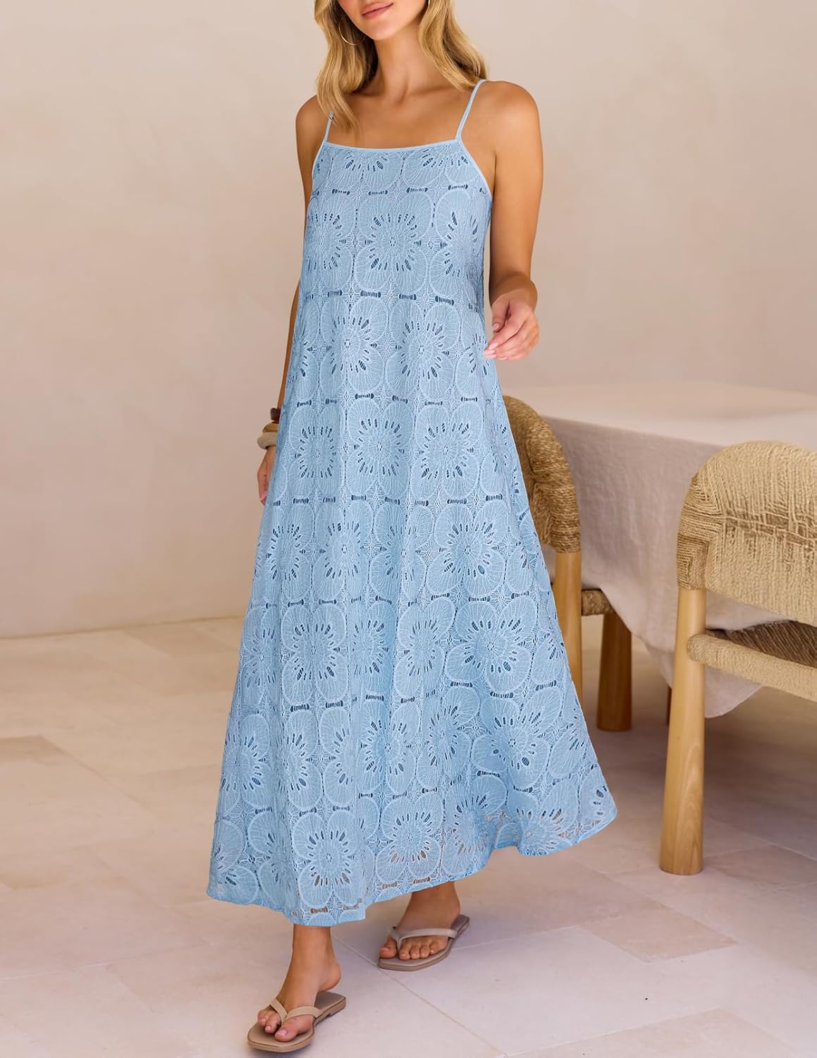 MEROKEETY Women's Summer Spaghetti Straps Sundress 2026 Casual Sleeveless Floral Lace Eyelet Boho Beach Maxi Dress - Image 7