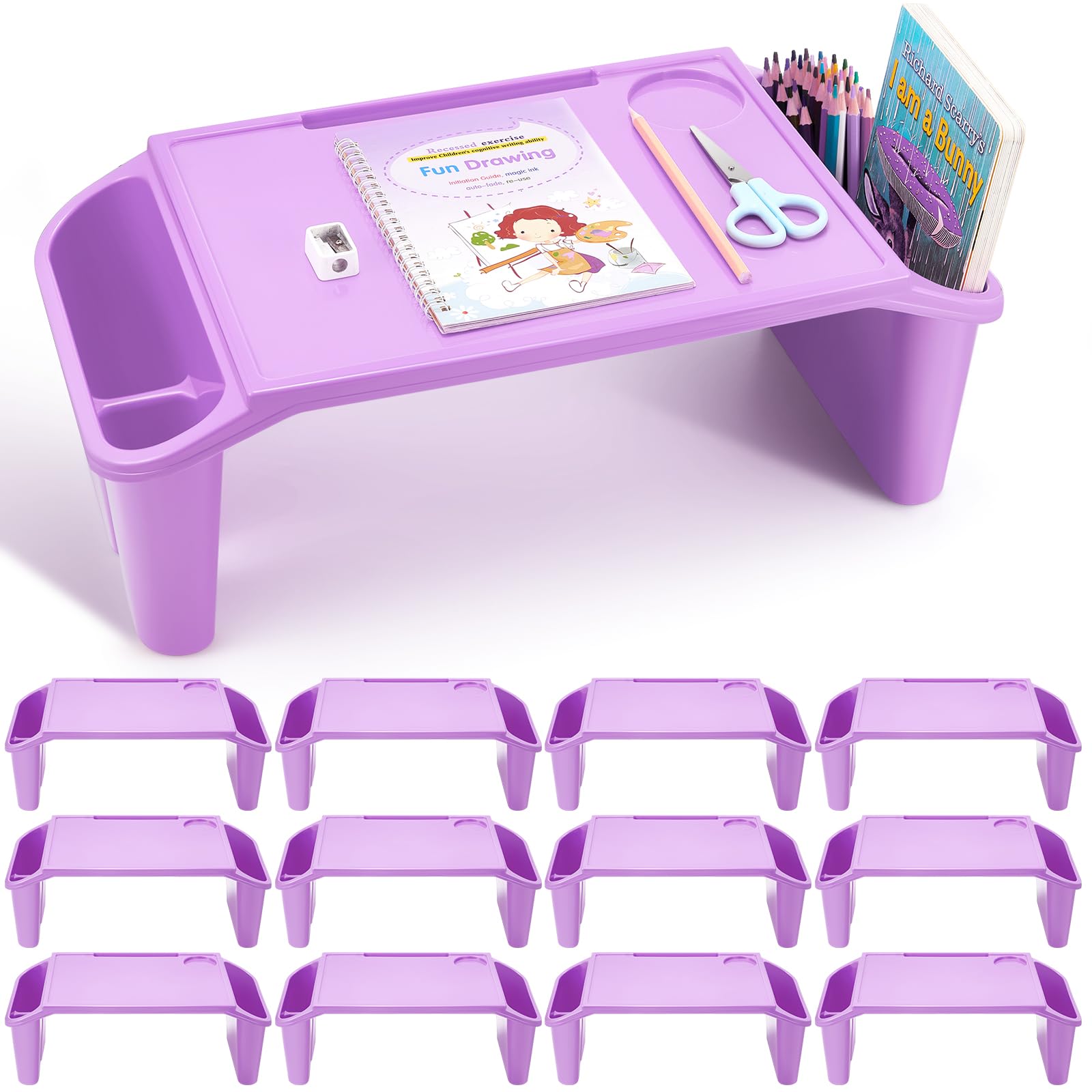 12 Pack Kids Lap Table Tray Portable Activity Table with 3 Storage Compartments Lap Top Desk Tray for Toys Coloring Books Tablets Games Snacks, Suitable for Children Aged 3+ (Purple)