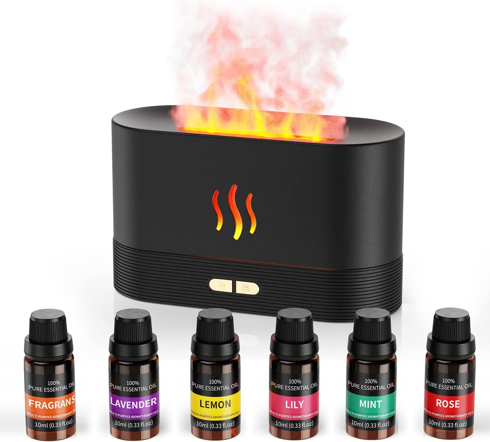 Flame Air Diffuser Humidifier, Aromatherapy Diffuser & Essential Oil Set. Ultrasonic Diffuser & Top 6 Essential Oils, Noiseless Cold Mist Humidifier with No Water Auto Shut Off Protection