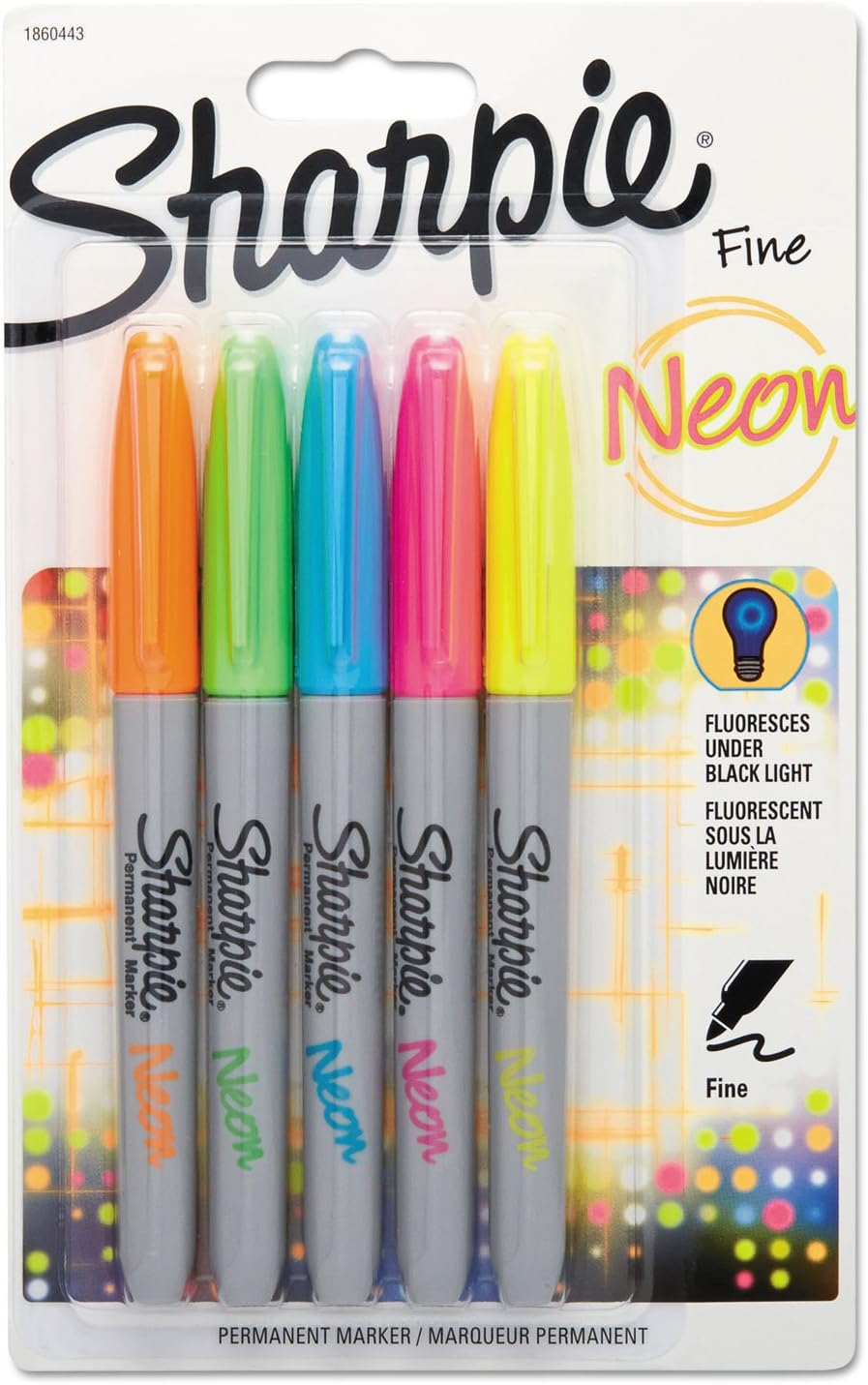Sharpie Fine Neon Permanent Marker - Assorted Colours, Pack of 5