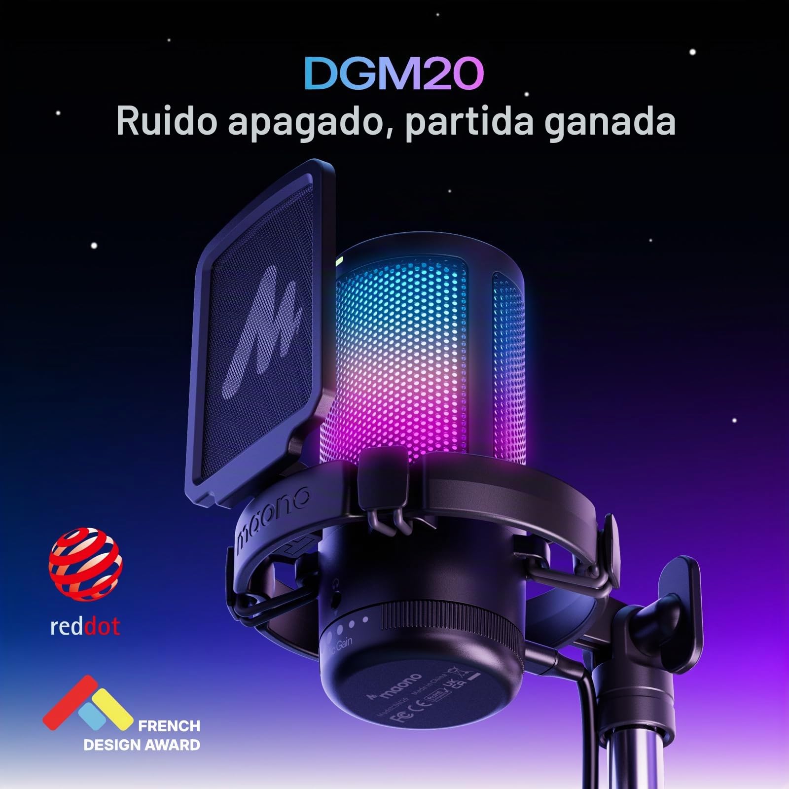 MAONO Microfono Gaming, USB Micrófono Condensador con Cancelación de Ruido para Streaming Podcast Studio, Compatible con PS5/PS4/Mac con Luces RGB Controlables, Botón de Silencio, Control de Ganancia