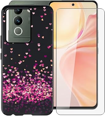 for Vivo V30 Lite Case, with [ 1 x Screen Protector Tempered Glass Film], Black Soft Silicone Cover Shockproof Bumper Protection Case for Vivo V30 Lite 6.67" - Pink Love