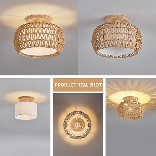 Miniatura 5 de Lámpara de techo de ratán, 3 opciones de estilo, luces de techo bohemias de montaje empotrado, candelabro de ratán tejido a mano, mini lámparas de