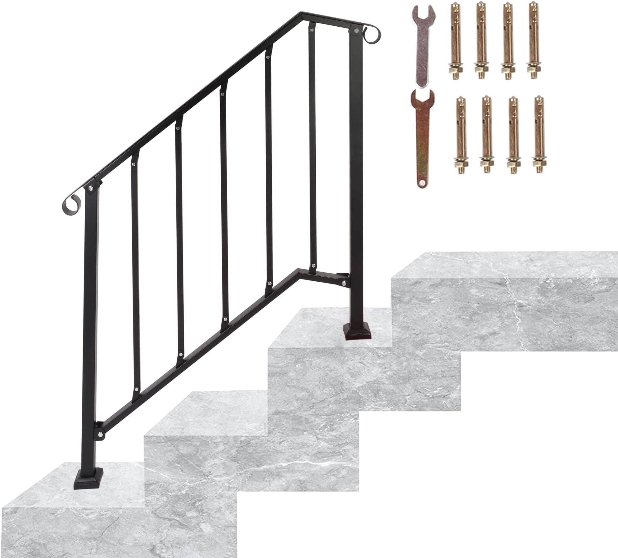 Handrail Pickets Step Handrail Fits 3 or 4 Steps Wrought Iron Handrail Adjustable Handrail Black Matte Stair Handrail for Outdoor Steps