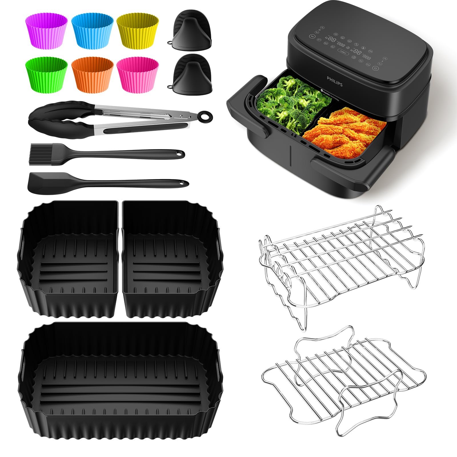 Airfryer Zubehör für Philips Airfryer 1000 Series Flexible Basket - 7,1 L, Philips Airfryer Heißluftfritteuse Zubehör für NA154/00,BPA-frei Mit Silikonform,Muffinform,Grillrost Wiederverwendbar