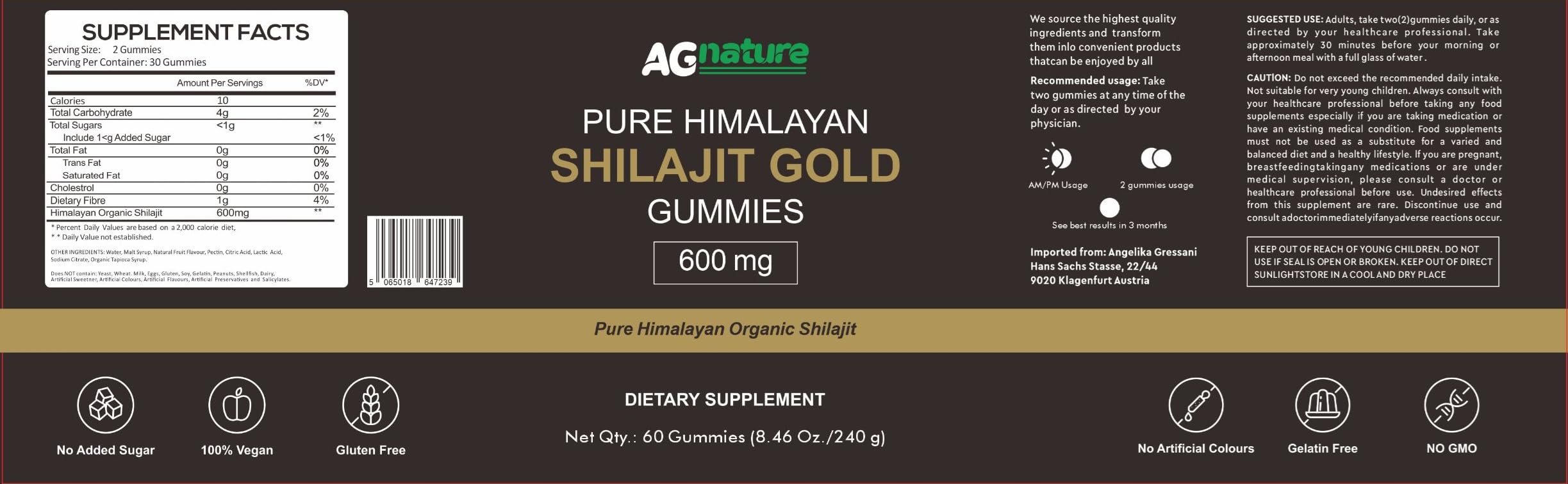 AG nature Shilajit Himalayano Originale 60 Caramelle Gommose- Integratore Alimentare Naturale con +85 Minerali e Acido Fulvico e Umico