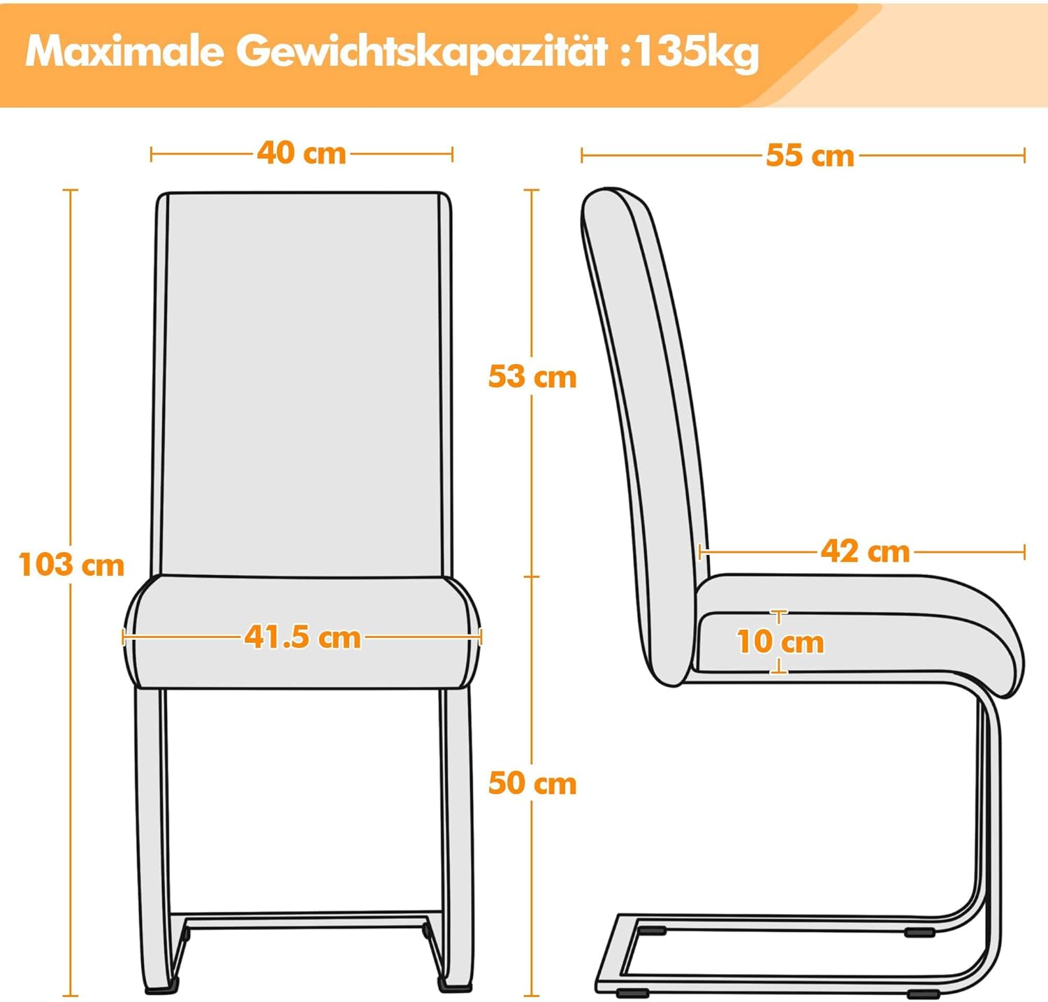 Diagram showing the dimensions of the Yaheetech dining chair (height 103cm, seat height 50cm, seat width 41.5cm, depth 55cm) and indicating a maximum weight capacity of 135kg.