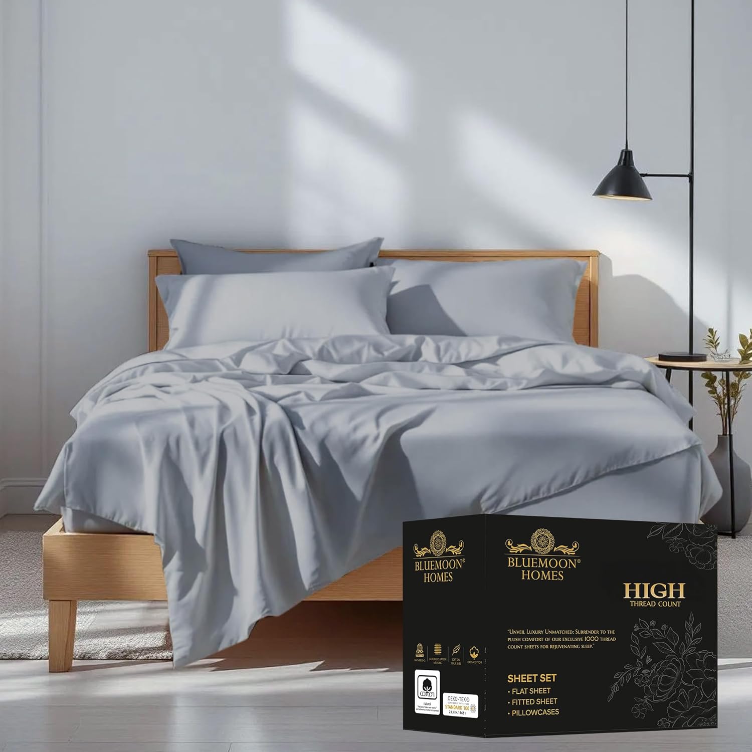 Bluemoon Homes 100% Egyptian Cotton Sheets, Queen Size Bed Sheet Set, Long Staple Bedding Sheet, Sateen Weave, Fits Upto 18" Mattress - White