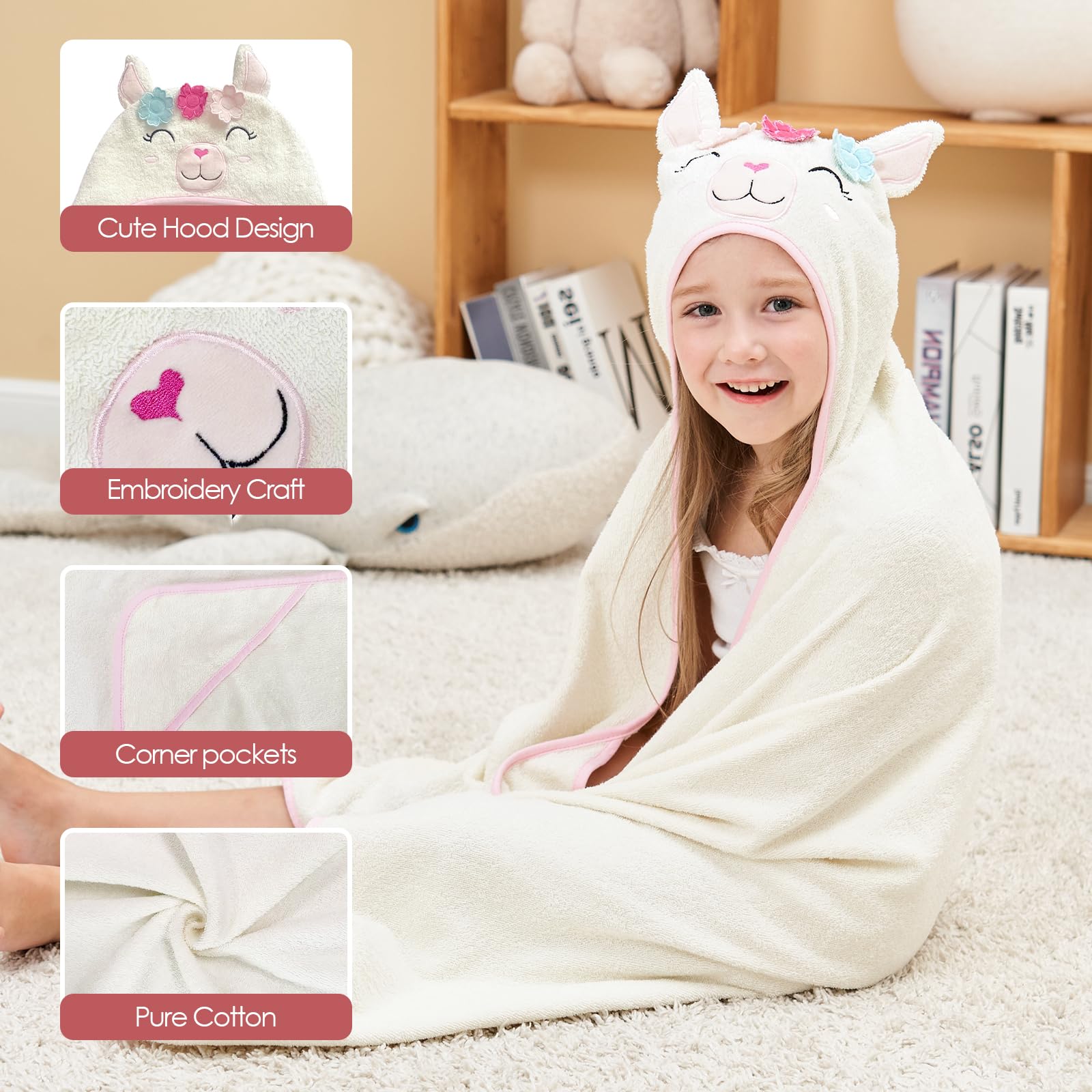 Style Quarters Baby-Badetuch, 100 % Baumwolle, Frottee, weiches Kapuzenhandtuch, Cartoon-Alpaka, Baby-Strandtücher, super saugfähig, große Stickerei, Kinder-Kapuzen-Badetuch, Kleinkind-Handtuch mit