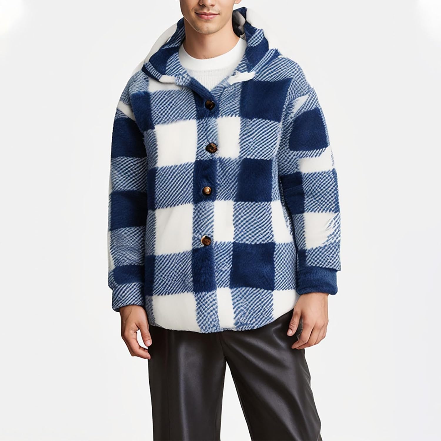 Mens Hoodie Sweatshirt Fuzzy Fleece Gingham Coat Button Down Fall Hoodie Sweatshirts Fashion Clothes Winter Jacket