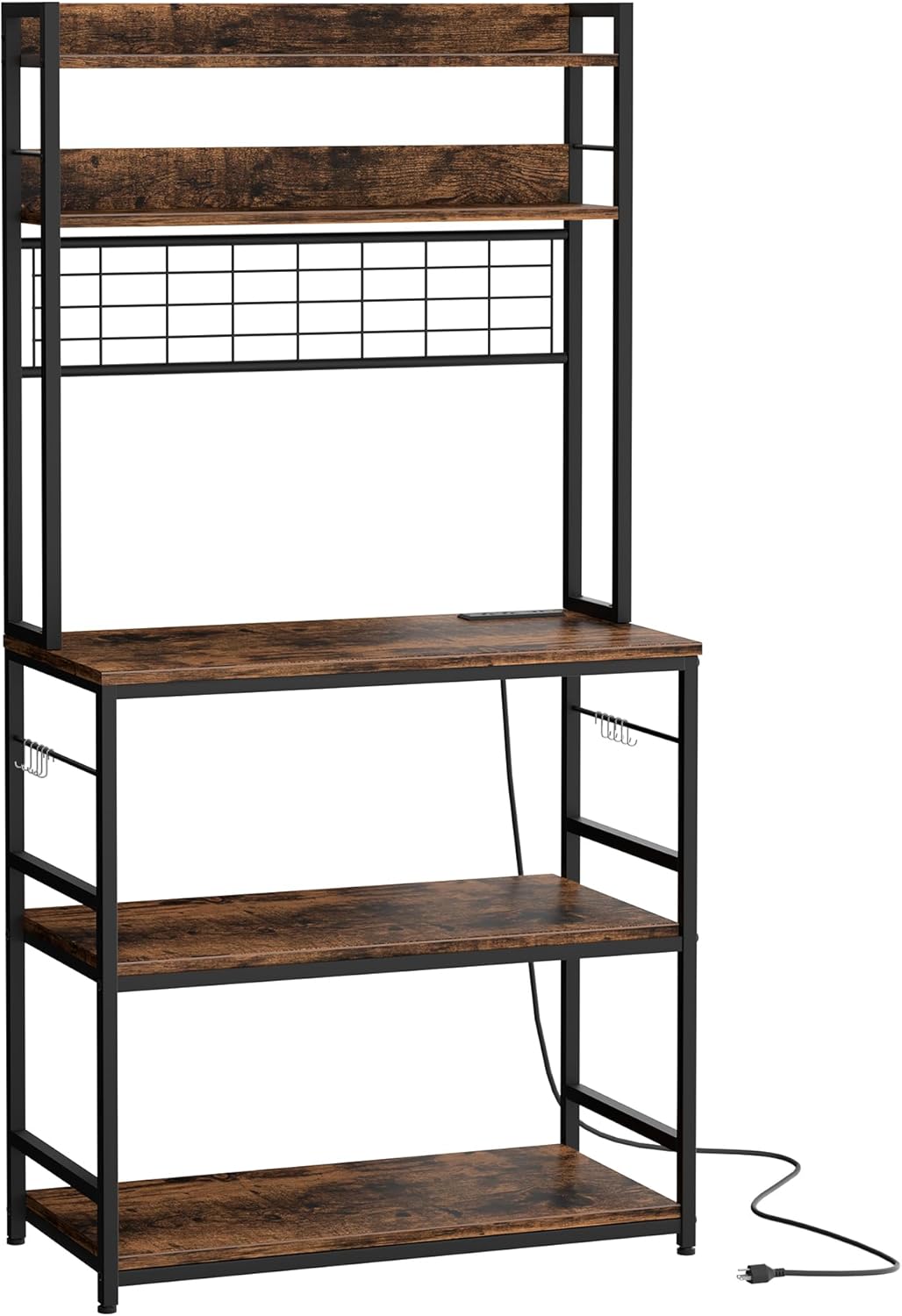 Shintenchi Bakers Rack with Power Outlet, Large Storage Space, 10 Hooks Coffee Bar with Metal Wire Panel, High Microwave Stand, Classic Kitchen Storage Shelf Design, Vintage Brown