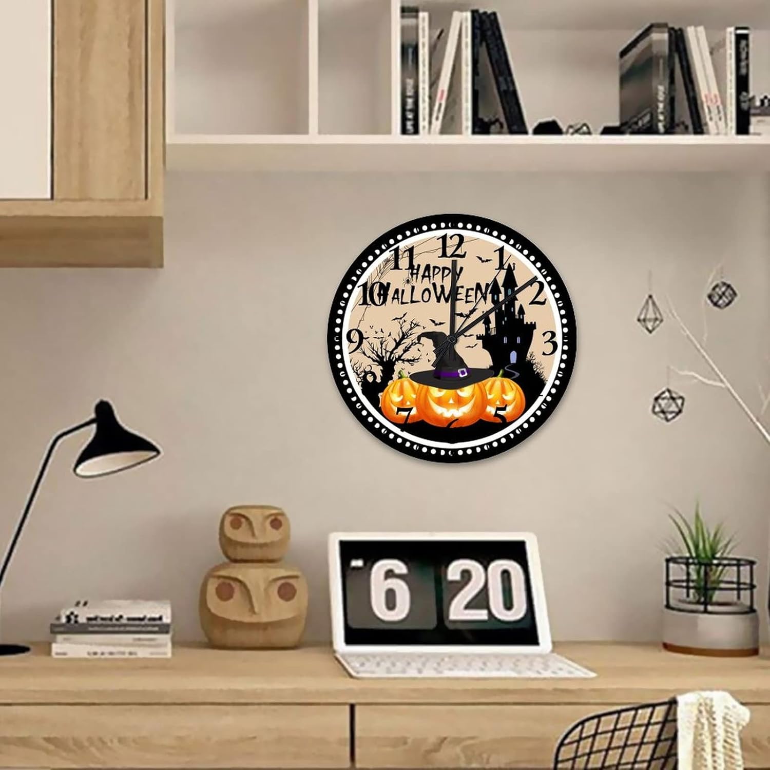Happy Halloween Pumpkin Hunted House Clock Wooden 12 Inch, Happy Scary Night Witch Hat Jack-o-Lantern Evil Halloween Living Room Clock Battery Operated Silent Noiseless Round Arabic Numeral Clock