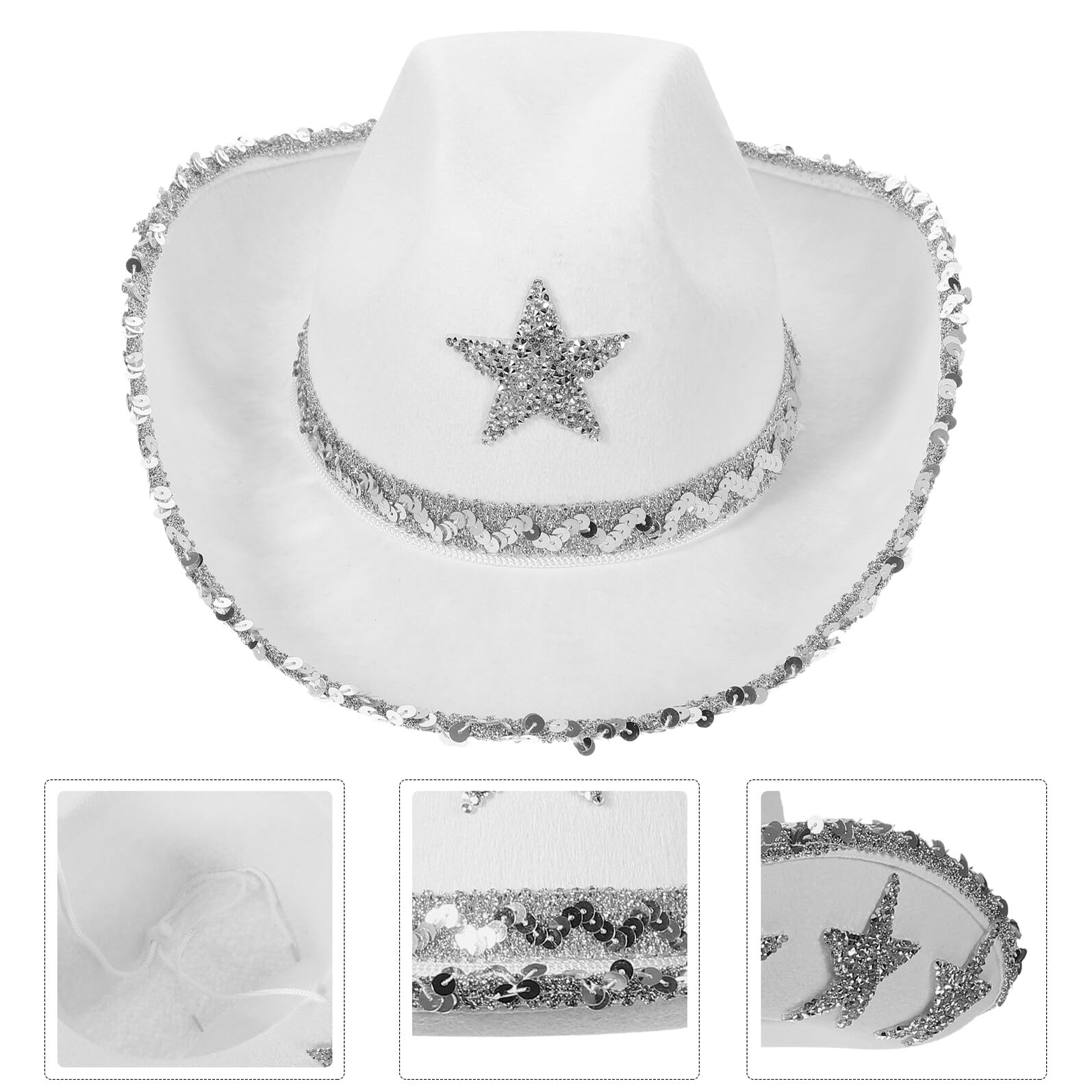 SHINEOFI Sombrero de Vaquera Occidental Blanco para Mujer, Accesorio de Disfraz con Cuerda Ajustable para Fiestas y Eventos Temáticos, Sombrero de Vaquero para Boda y Despedida de Soltera,
