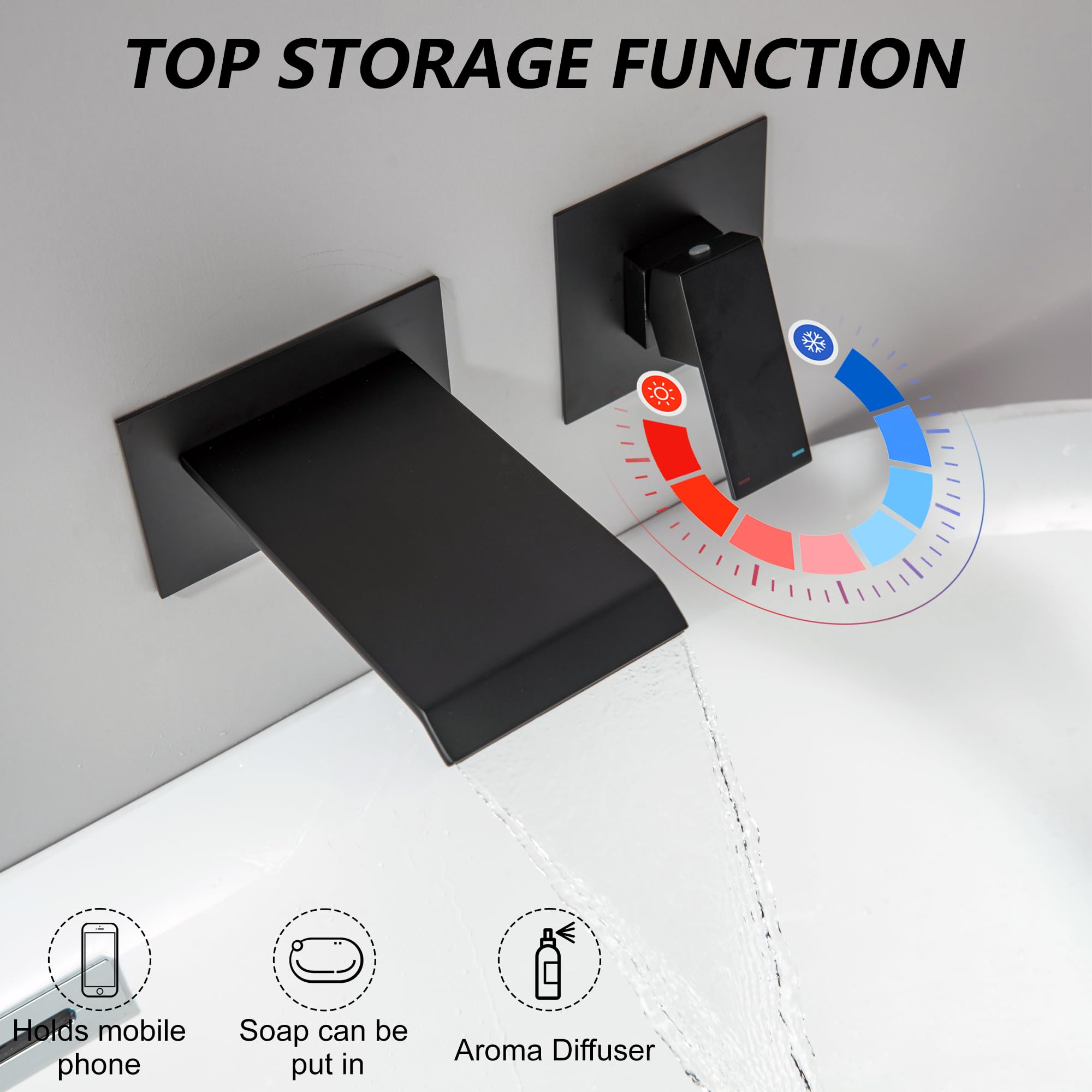 Rubinetto da bagno a parete con bocca a cascata in ottone nero opaco, riempitore da bagno a muro