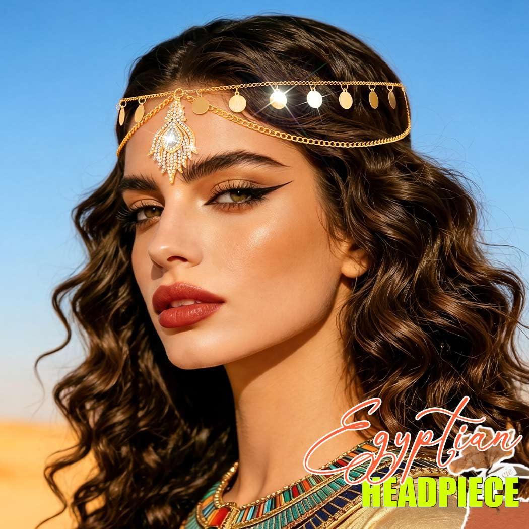 Yonamix Egyptian Head Chain Gold Sequin Tassel Headpiece for Women | Rhinestone Pendant Hair Accessories