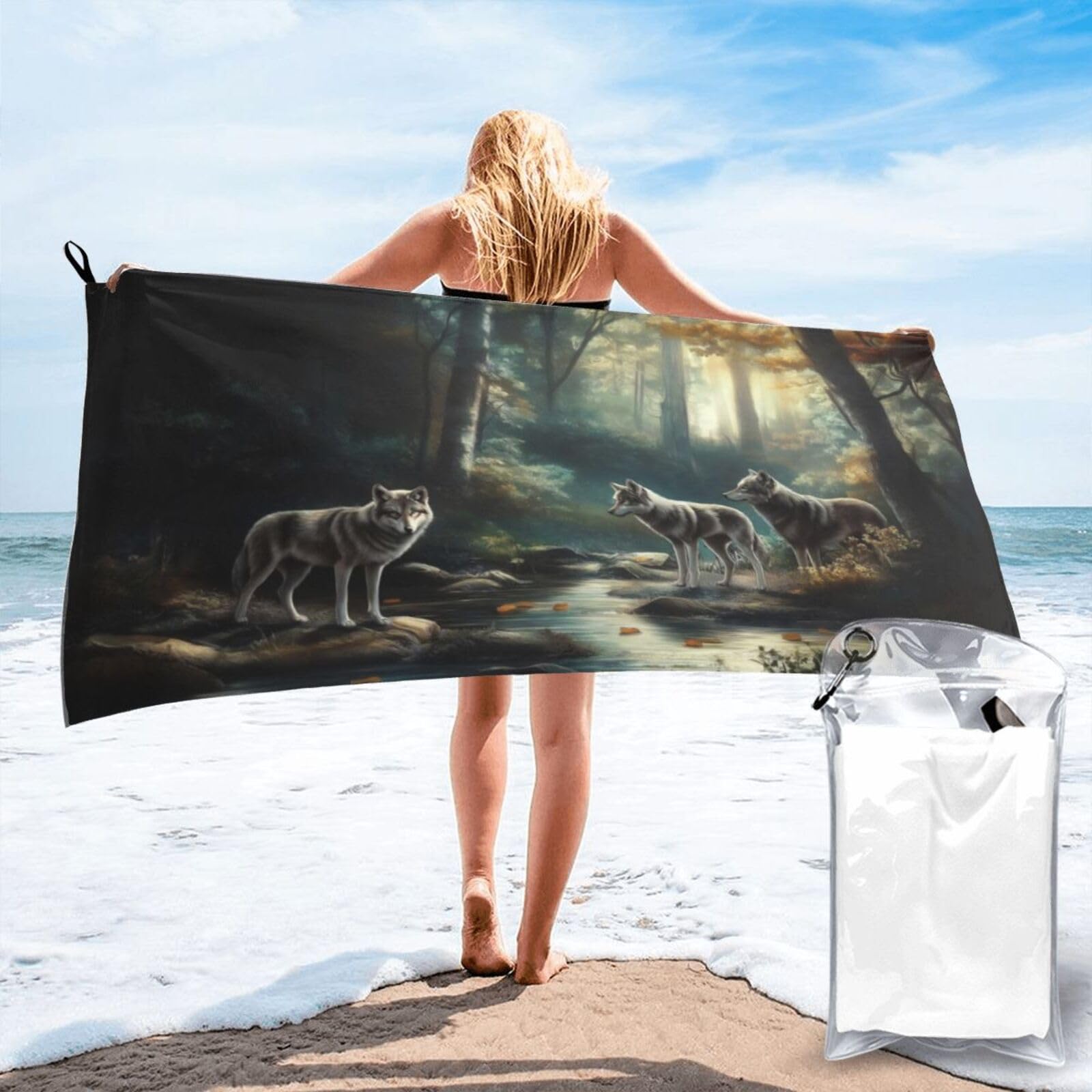 Anceky Digital Painting of Three Wolves Stream Quick Dry Microfiber Travel Towel with Carry Case and Carabiner 27.5"X55"