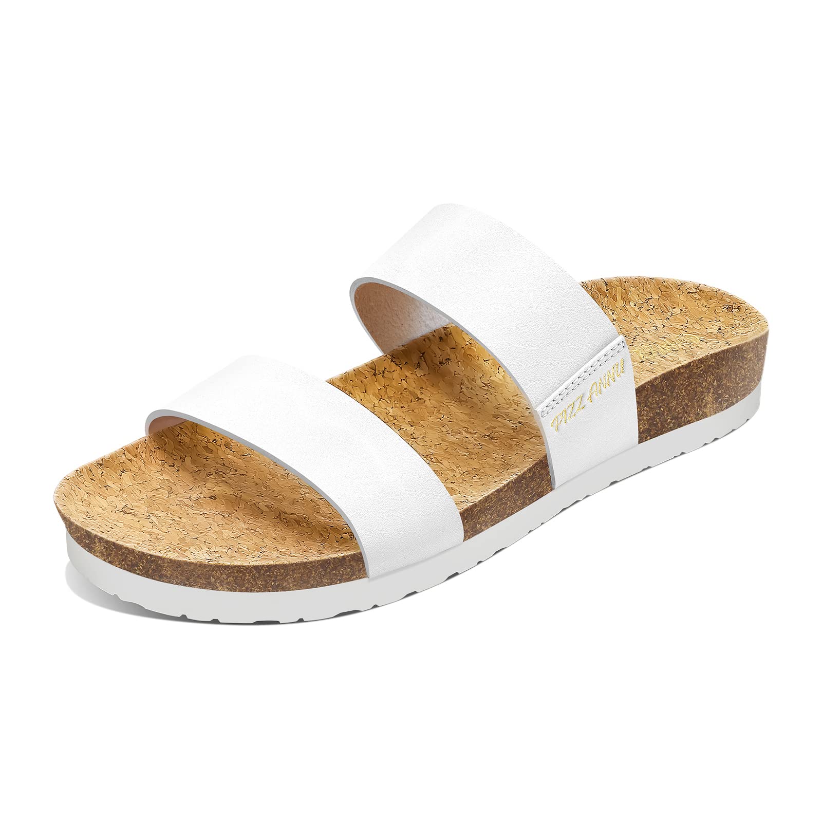 PIZZ ANNU Women's Slide Sandals Open Toe Two Strap Flat Sandals With Comfort Cork Footbed Slip-On Casual Summer Shoes