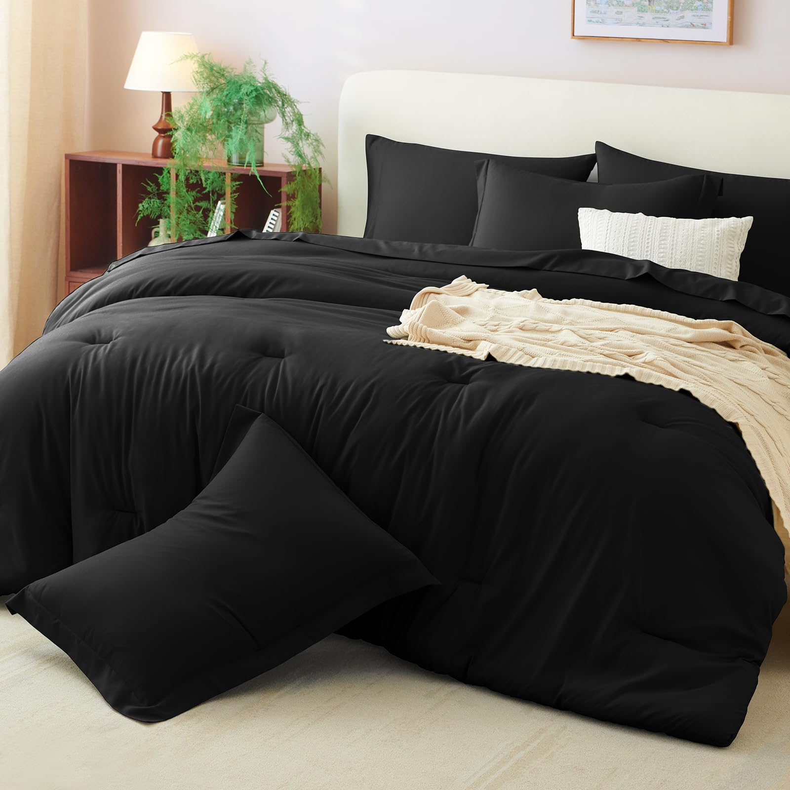 Juego de edredón tamaño Queen, color negro, 7 piezas de cama en una bolsa, juego de edredón suave con sábanas, juego de cama bohemio de 7 piezas para todas las estaciones con edredón, sábanas 9