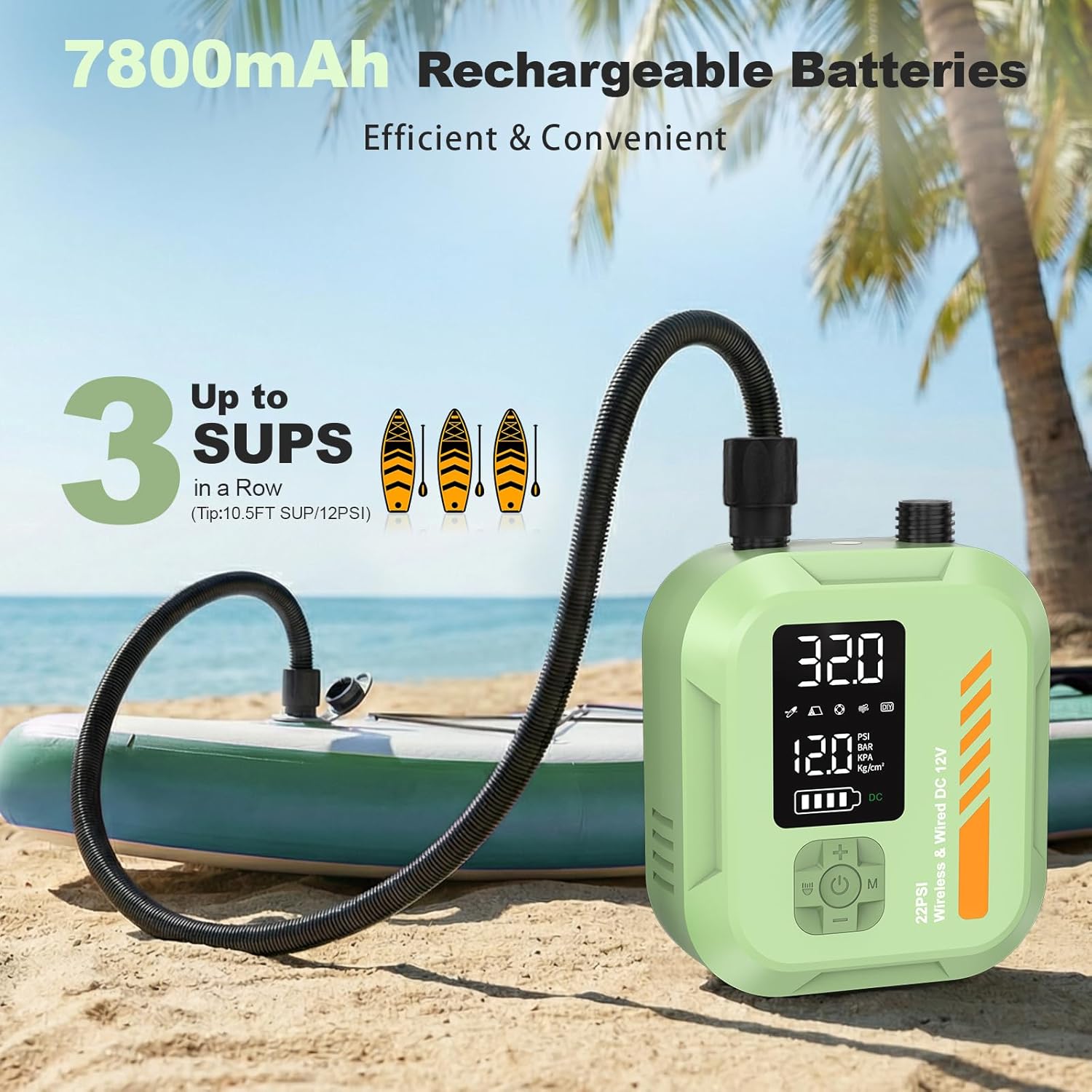 Paddle Board Pump Electric Portable,Rechargeable 22 PSI SUP Air Pump,Dual Power 7800mAh,12V DC Car Plug,Inflation Deflation,Auto-Off,for Paddleboard,Kayak,Kite,Tent,Kayaks