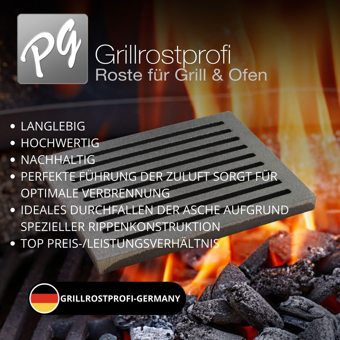 GRILLROSTPROFI Ascherost- Feuerrost - Kohlerost - Kaminrost in Premium-Qualität - Gusseisen, 18 x 22 cm