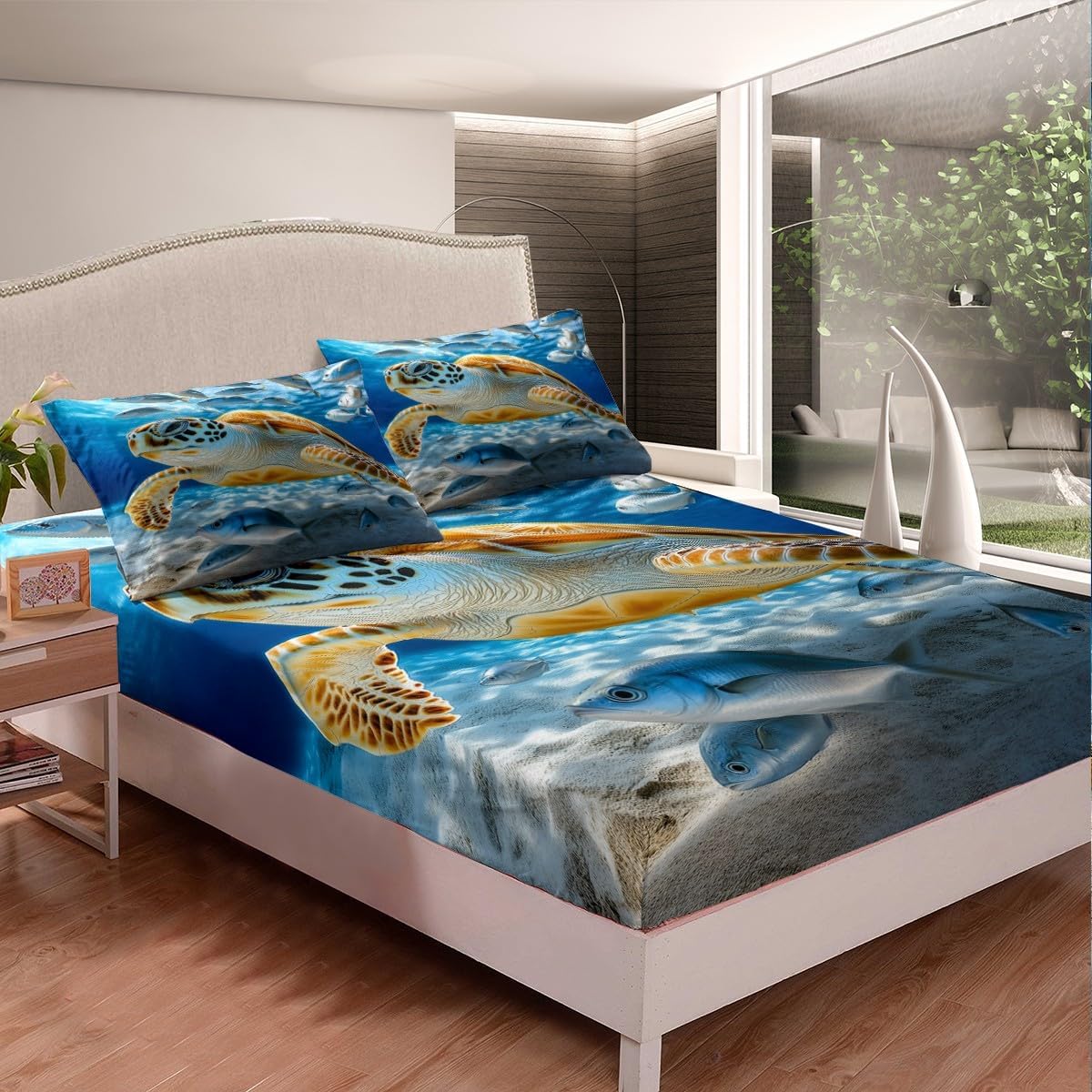 Erosebridal Queen Sea Turtle Fitted Sheet Set, Ocean Blue, Coral, Marine Sea Life Pattern, 4 Piece Set, 1 Fitted Sheet 60"x80"x16", 1 Flat Sheet 102"x90", 2 Pillowcases 20"x30"