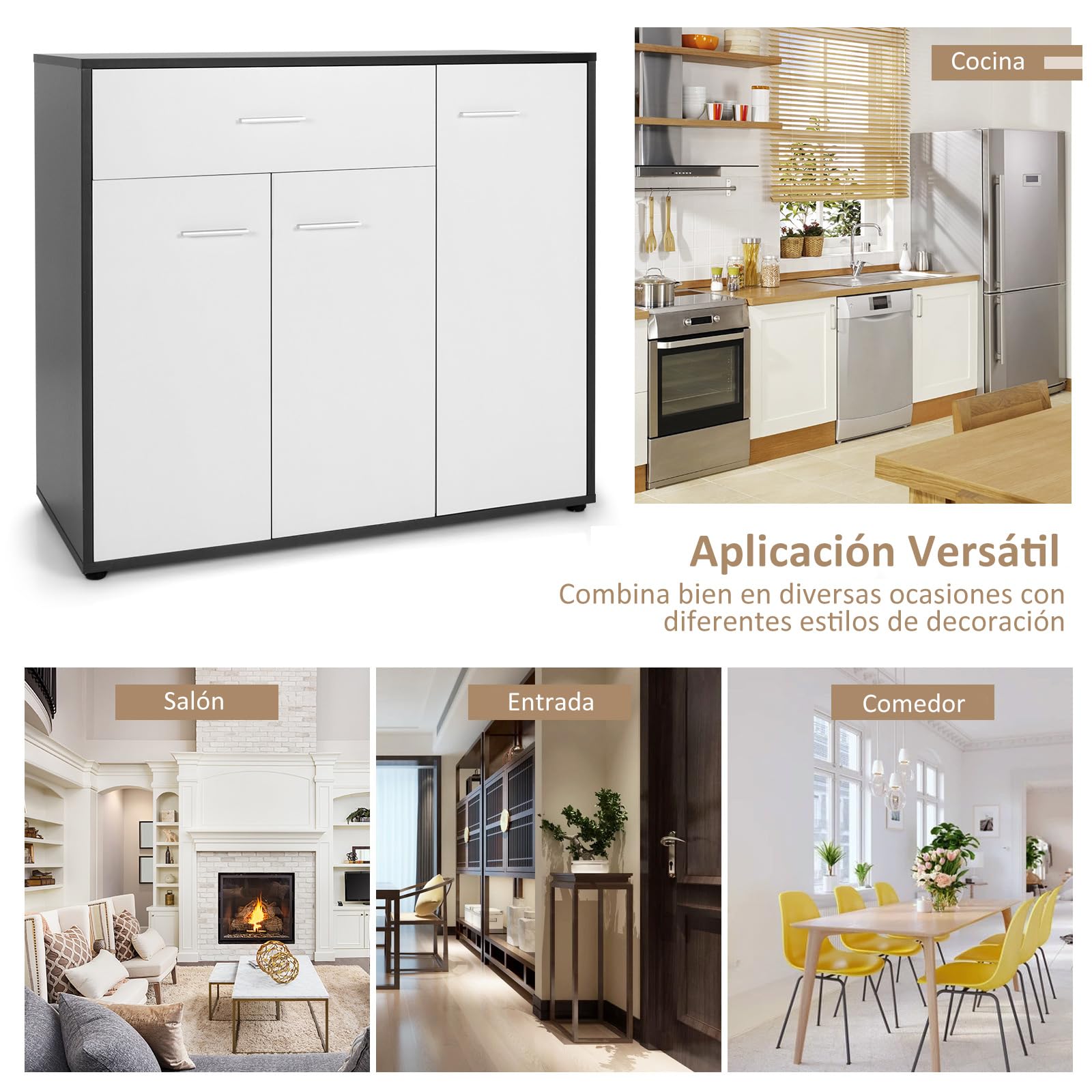 COSTWAY Aparador Cocina Buffet Moderno, Armario de Piso de Cocina con Dispositivo Antivuelco y Estante Ajustable, Gabinete de Almacenamiento Lateral de 3 Puertas para Comedor Entrada (88x40x80cm)