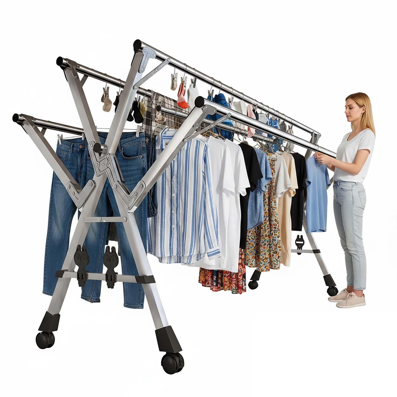 YSUEFIJO Portable Clothes Drying Rack with Wheels, Telescopic Laundry Hanger Rack, Stainless Steel Garment Rack for Clothes, Adjustable Expandable Drying Rack, Foldable Clothes Rack for Home