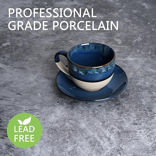 Miniatura 3 de Bosmarlin Juego de 2 tazas y platillo de cerámica para capuchino, 10 onzas, tazas de café para café con leche, expreso, té, lavavajillas y