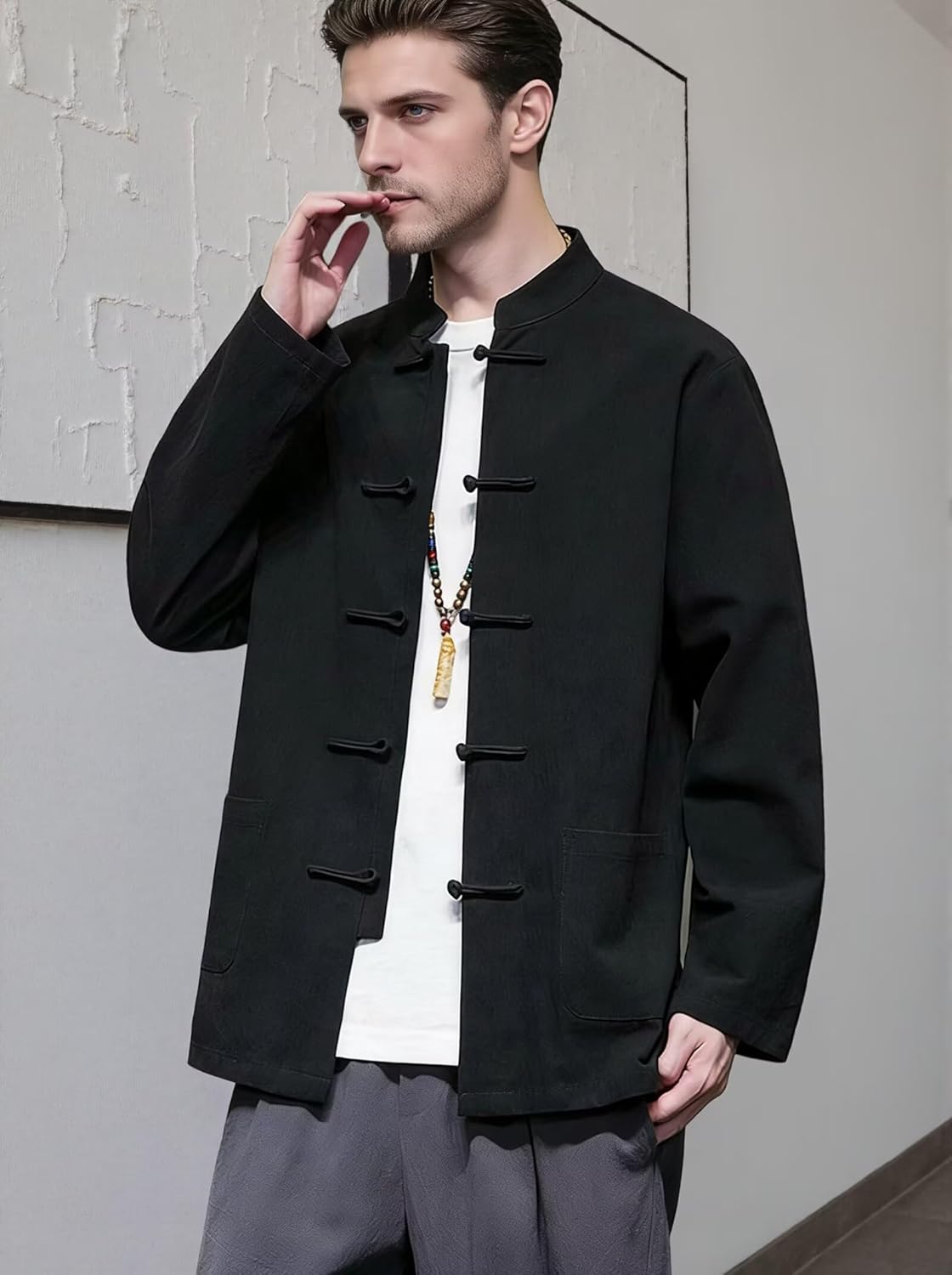 Chinese Traditional Clothes Mandarin Collar Linen Blazer Jacket for Men,Big and Tall Mens Jacket for Casual Formal