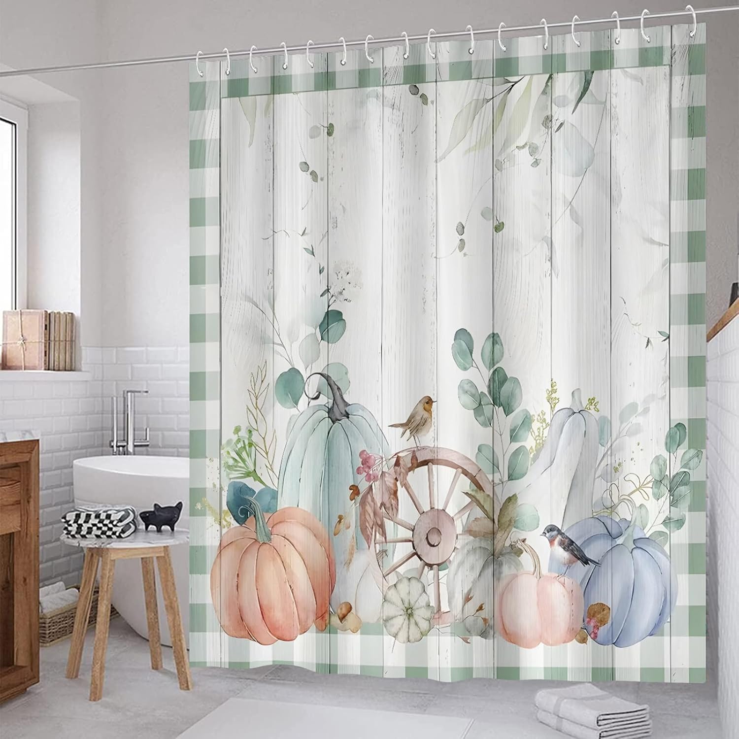 Fall Pumpkin Shower Curtain, Eucalyptus Leaves Green Plaid Farmhouse Autumn Harvest Thanksgiving Bathroom Curtains Waterproof Fabric Bath Curtain 72x72 Inch with 12 Hooks