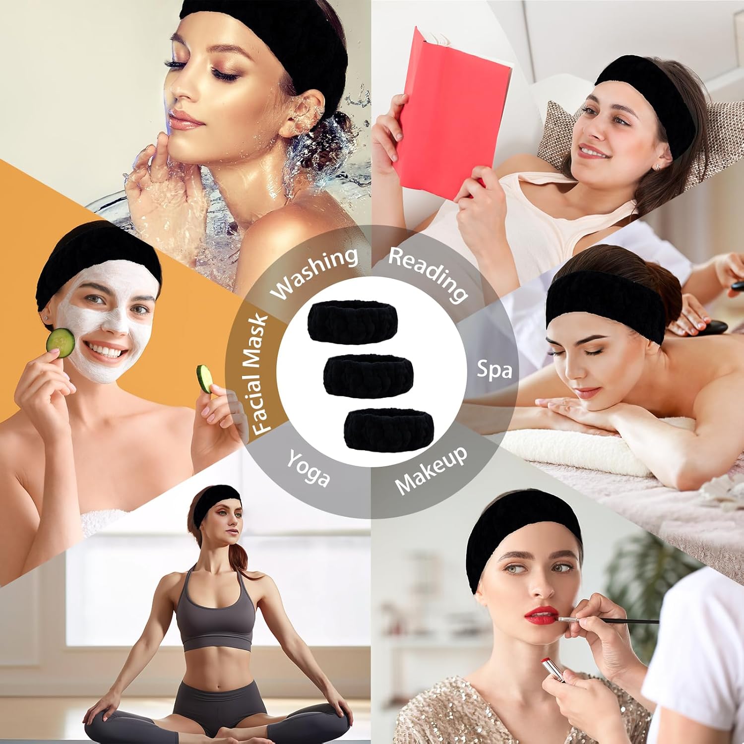 Microfiber Spa Headband 3-Pack, Soft Terry Cloth Headband for Washing Face, Facial Mask, Makeup, Shower, Yoga, Gift for Women and Teens (Black x3) - Image 4