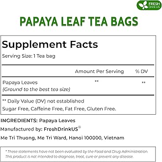 FreshDrinkUS, Premium 135 Papaya Leaf Tea Bags, 100% Natural & Pure from Papaya Leaves. Loose Leaf Herbal Tea. Made with Natural Material Tea Bags. No Sugar, No Caffeine, No Gluten, Vegan.