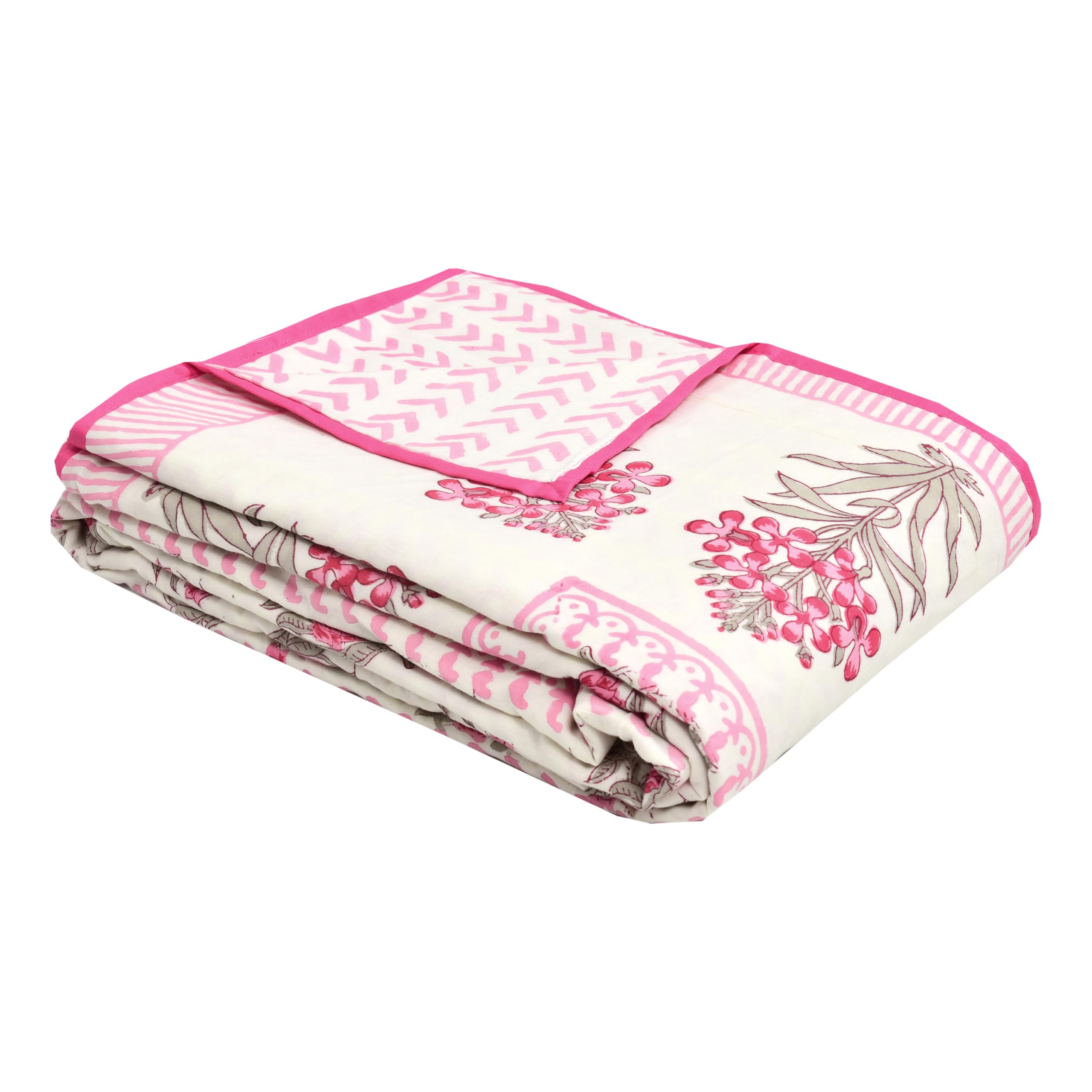 Hand Block Printed Cotton Dohar Blanket - Pink Rose -8 Hand Block Printed Cotton Dohar Blanket - Pink Rose -8